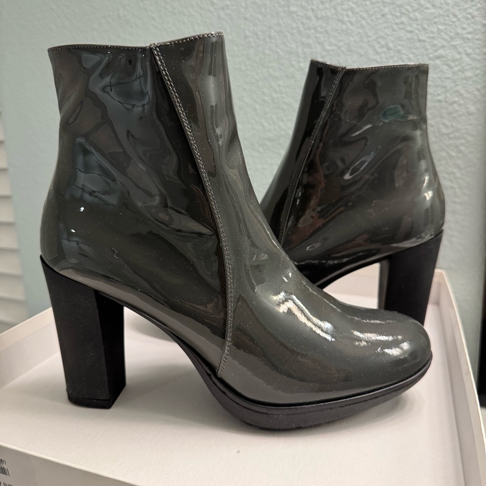 Andre Assous Patent Misty Gray Heeled Boots